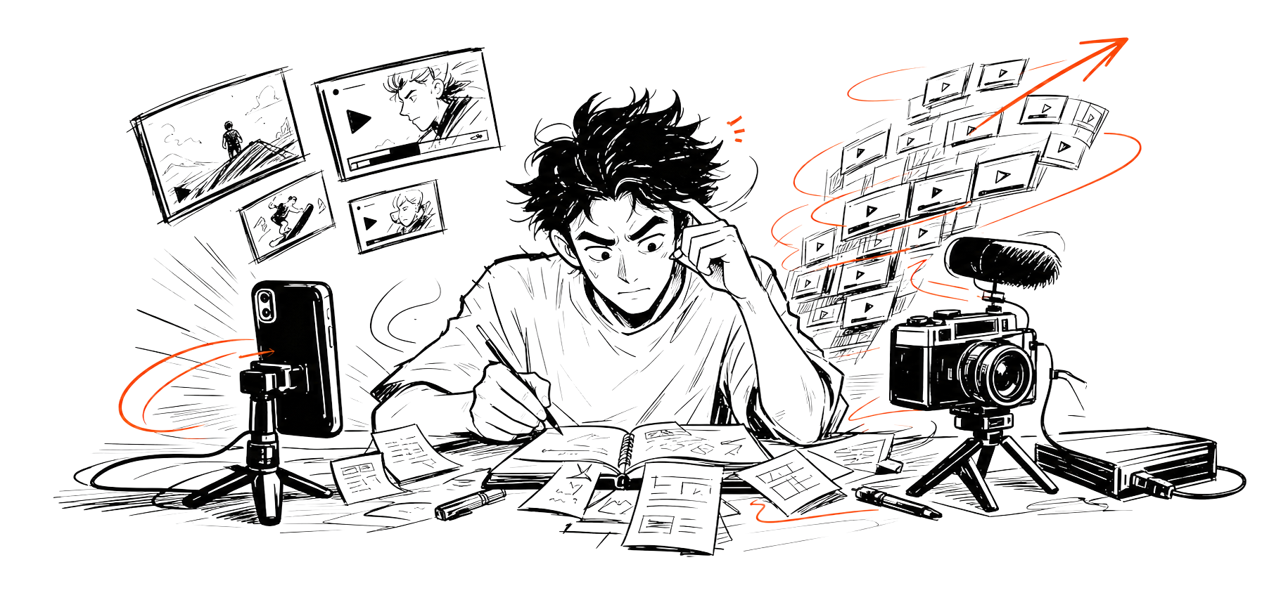 A video creator at a desk surrounded by cameras, phones, and floating video frames.