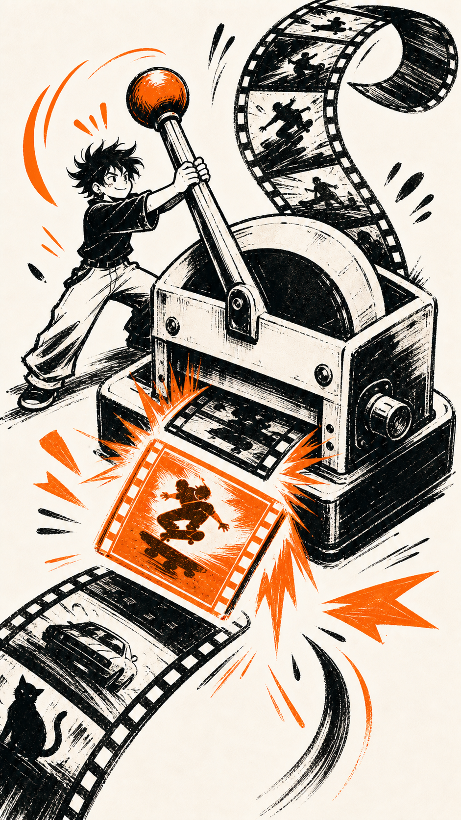 Industrial clip machine slicing a film strip with an orange cutter wheel.
