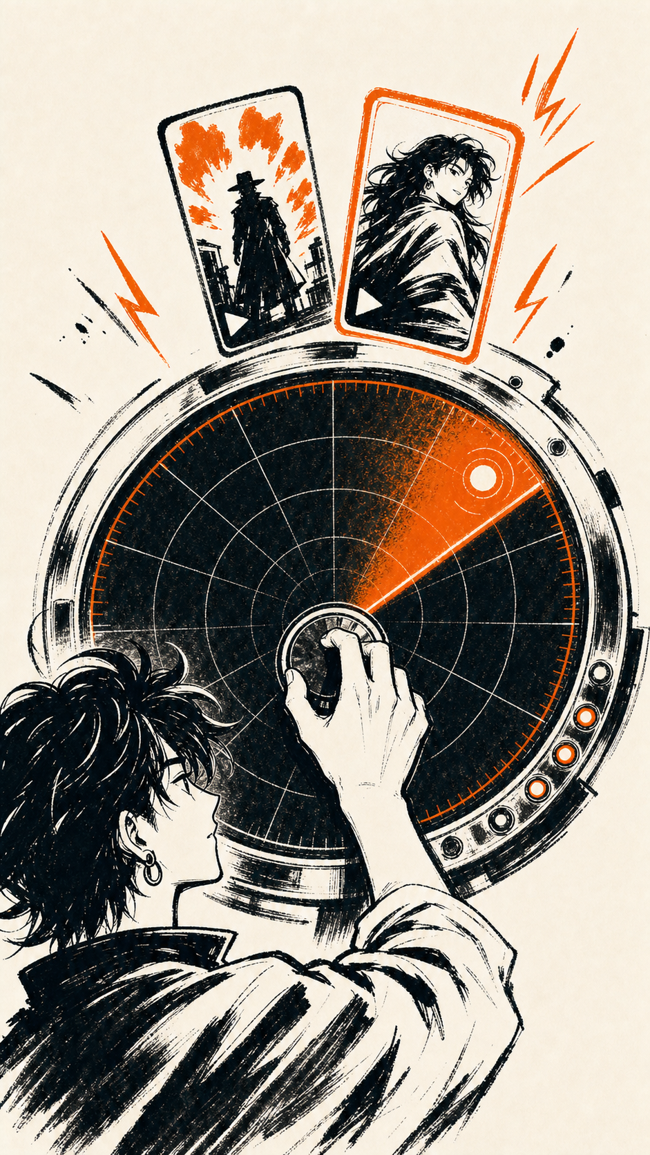 High-tech circular hook radar dial with orange rings and vertical video frames.