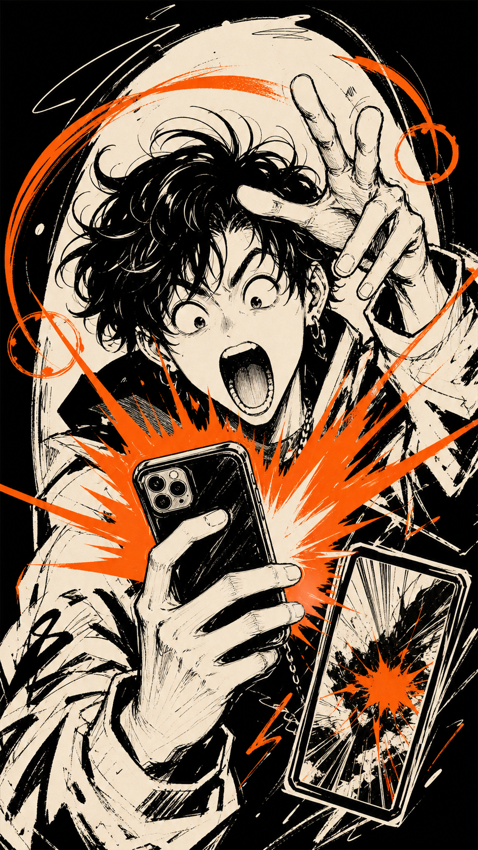 Manga-style reaction scene with a phone and orange impact marks.